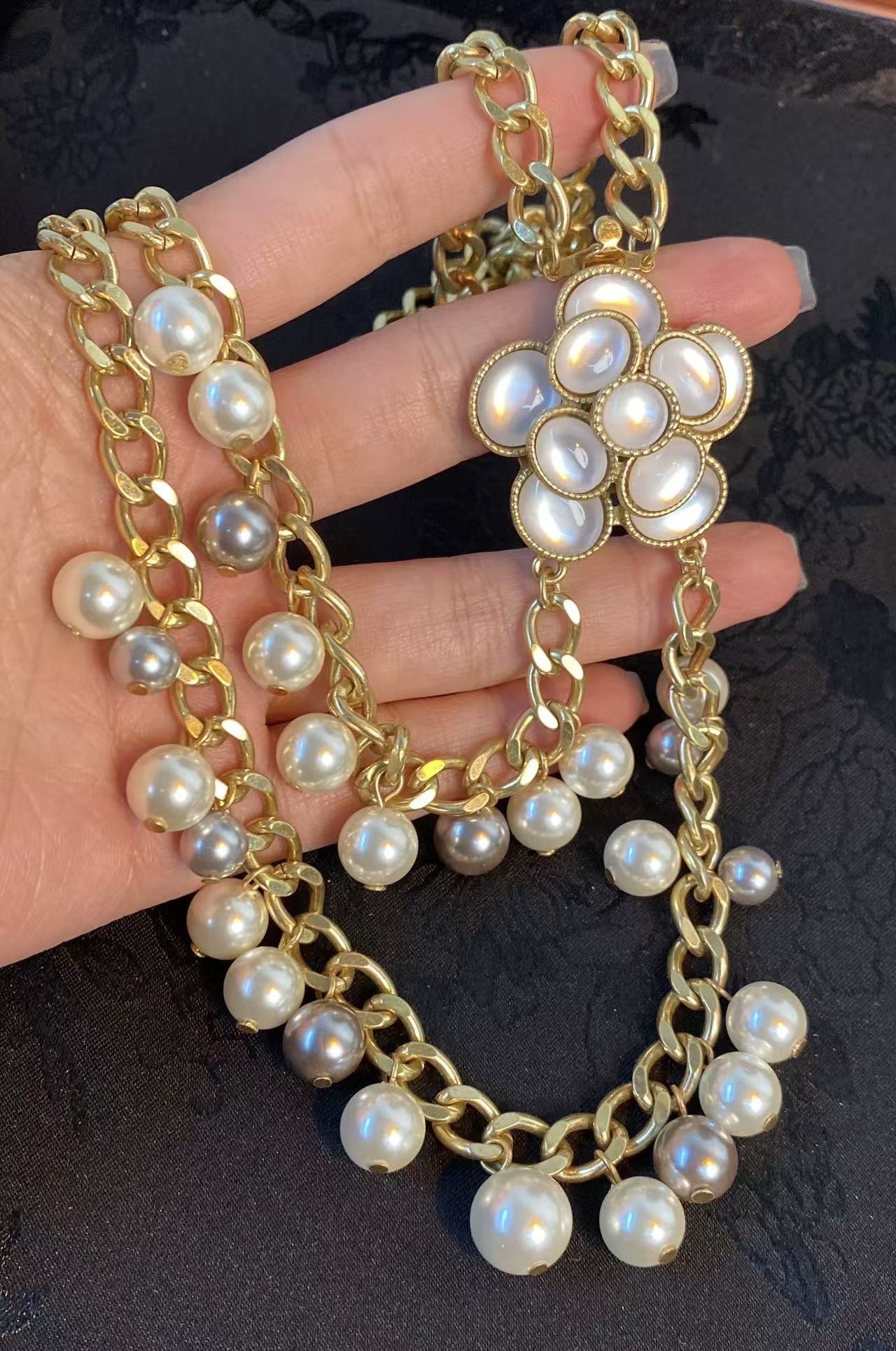 Gilded Camellia Luxury Tiered Pearl & Curb Chain Statement Set
