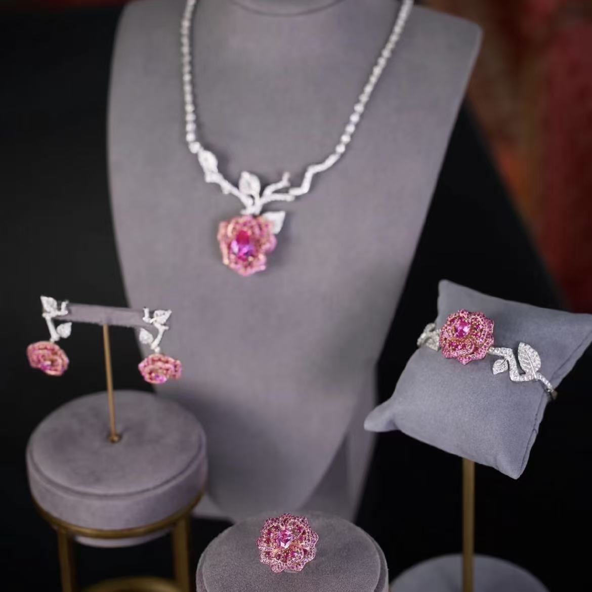Enchanted Rose Statement Jewelry Set | Vintage Ruby-Inspired Floral Collection