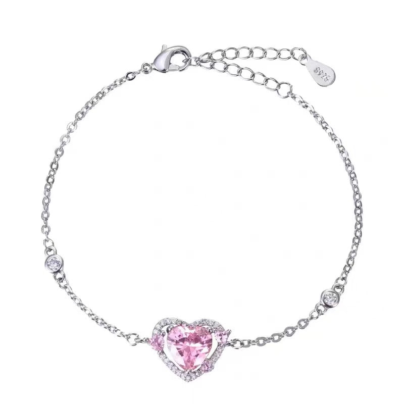 Pink Eternal Love Solid 925 Sterling Silver Heart Necklace Bracelet