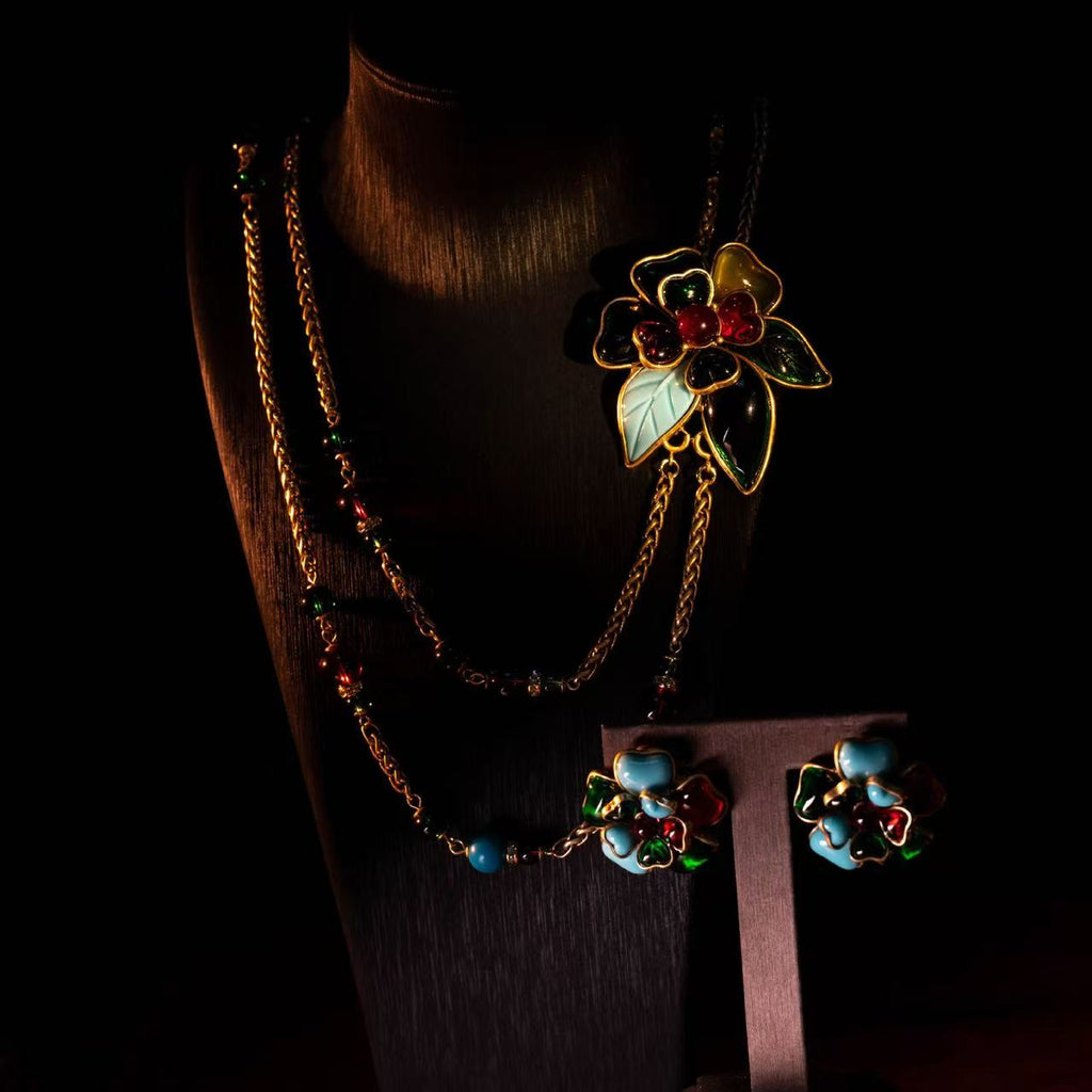 Vibrant Jardin Vintage Enamel Floral Statement Jewelry Suite