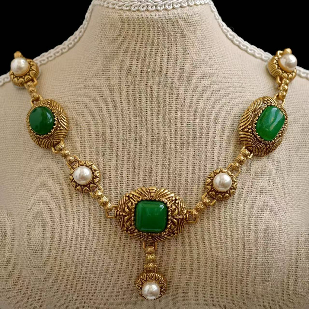 Vintage Emerald Green Agate Statement Jewelry Set