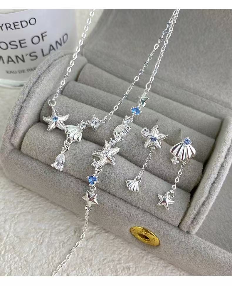S999 Fine Silver Coastal Starfish Shell Jewelry Set