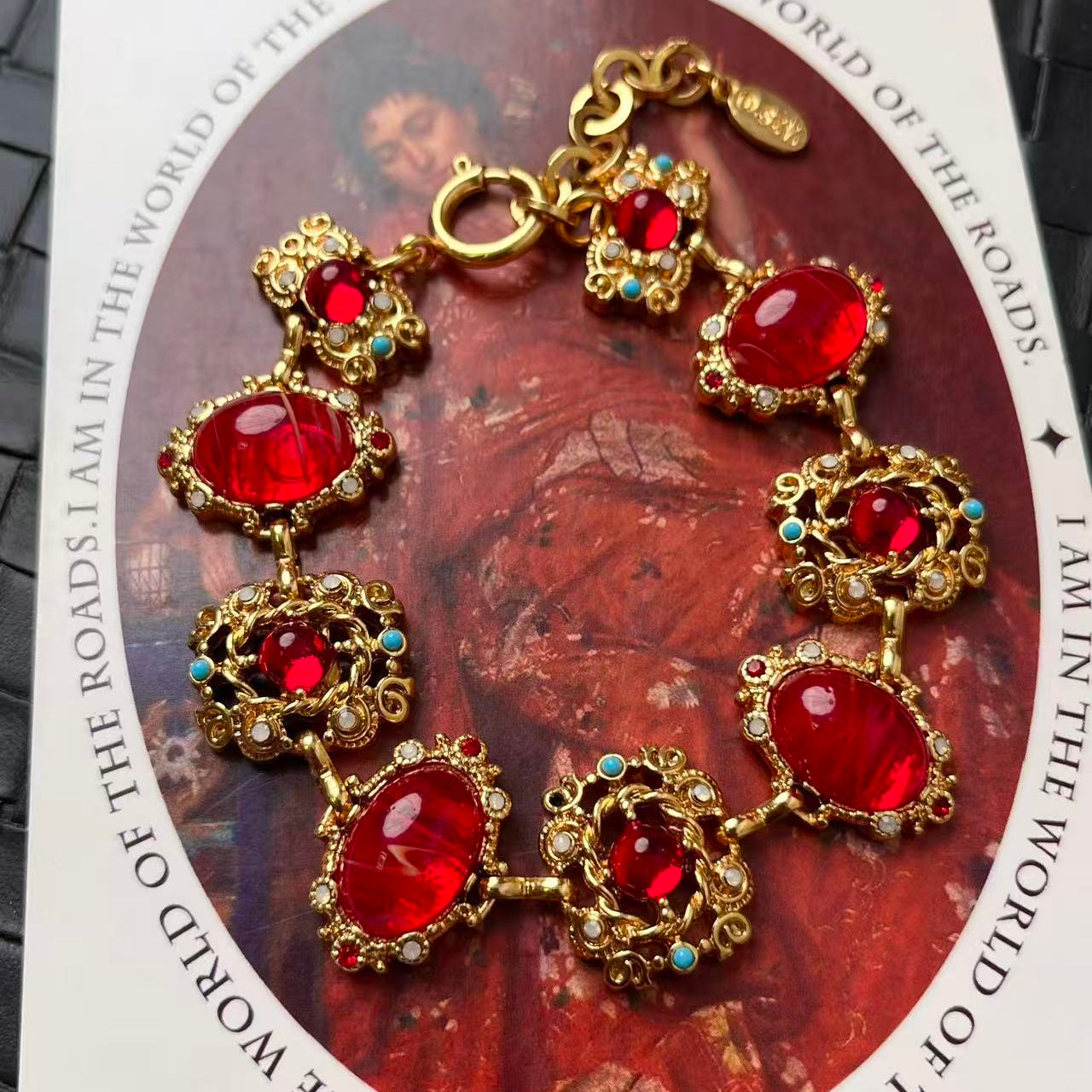 Vintage Ruby-Tone Cabochon Filigree Statement Bracelet