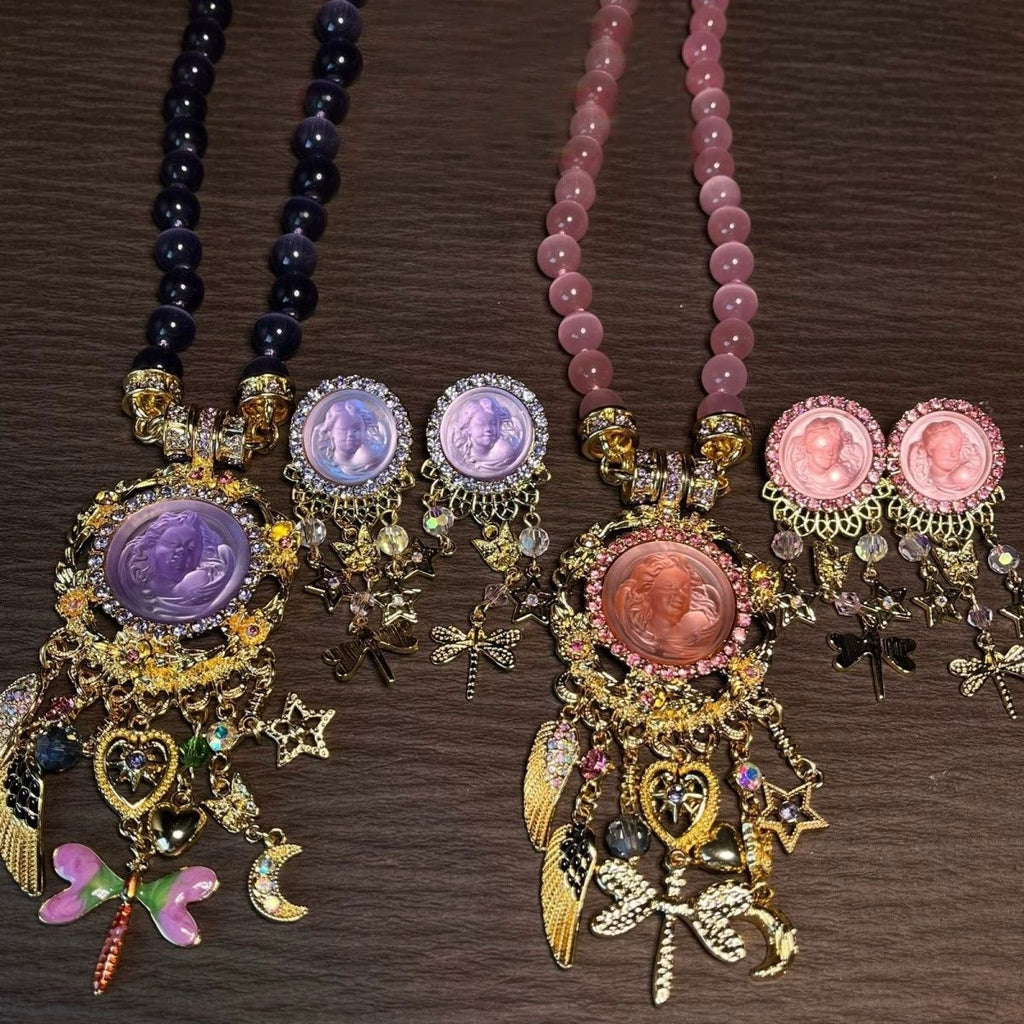 Vintage Sleeping Cherub Magnetic Pendant Necklace Earrings