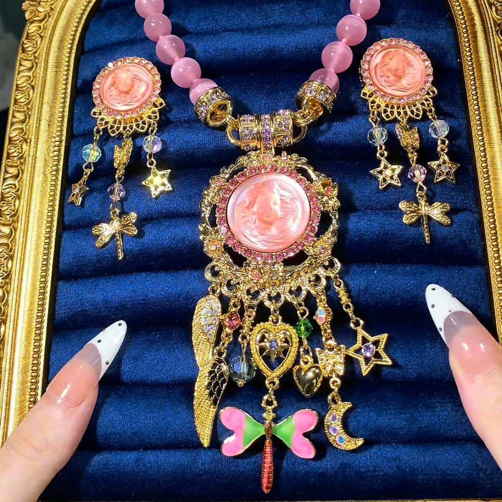 Vintage Sleeping Cherub Magnetic Pendant Necklace Earrings