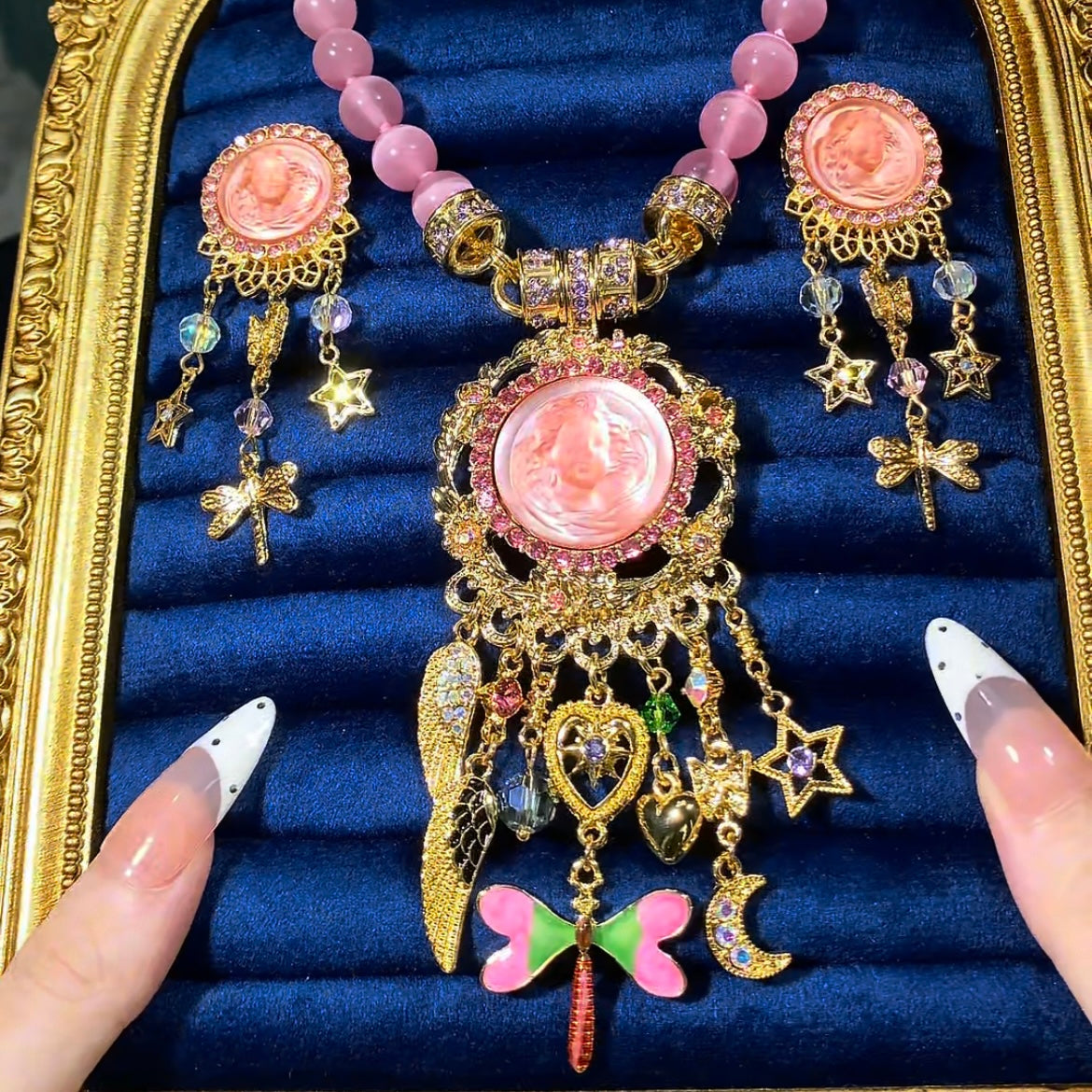 Vintage Sleeping Cherub Magnetic Pendant Necklace Earrings