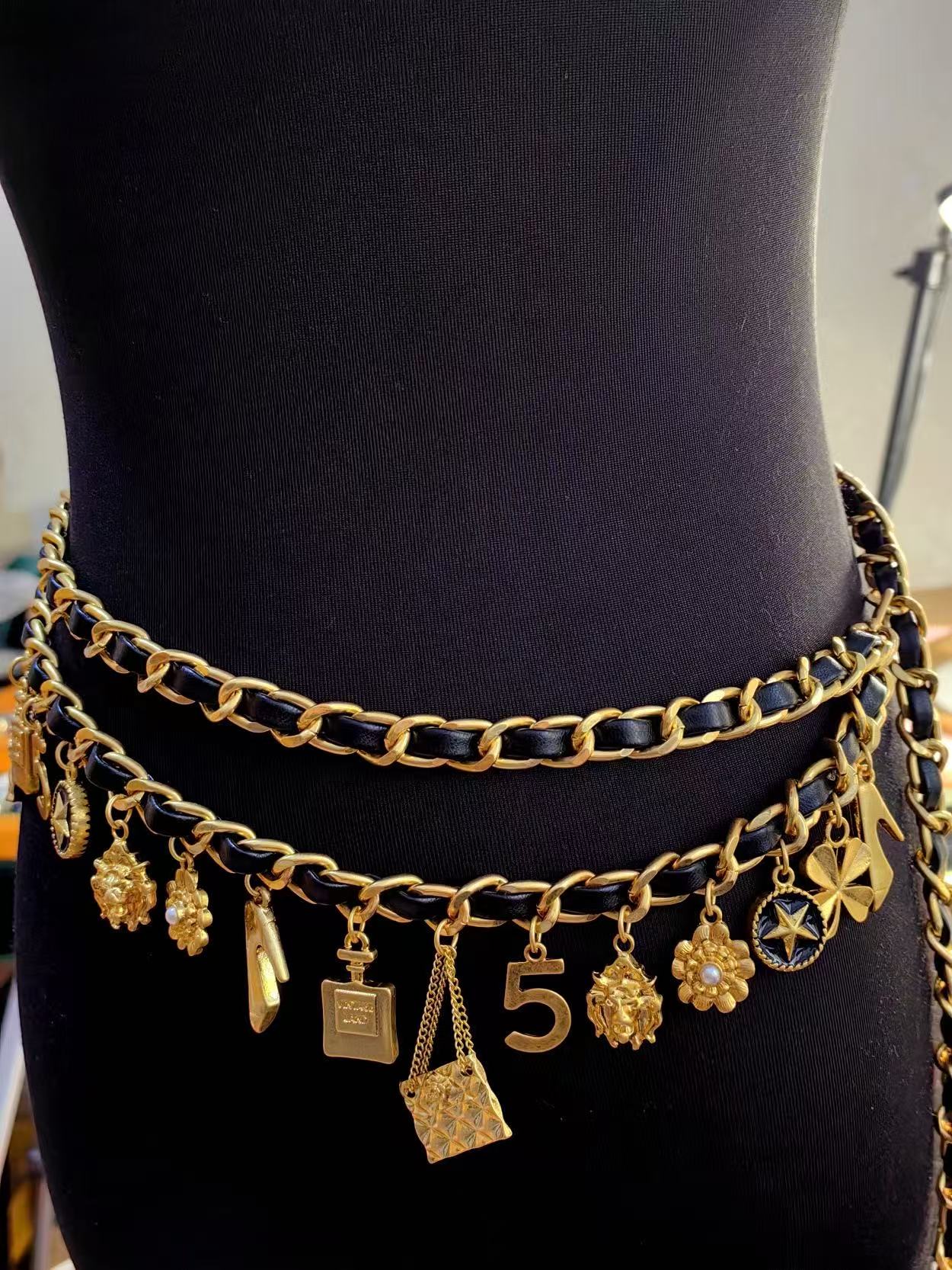 Parisian Chic Vintage Leather Charm Necklace Belt Bracelet Brooch