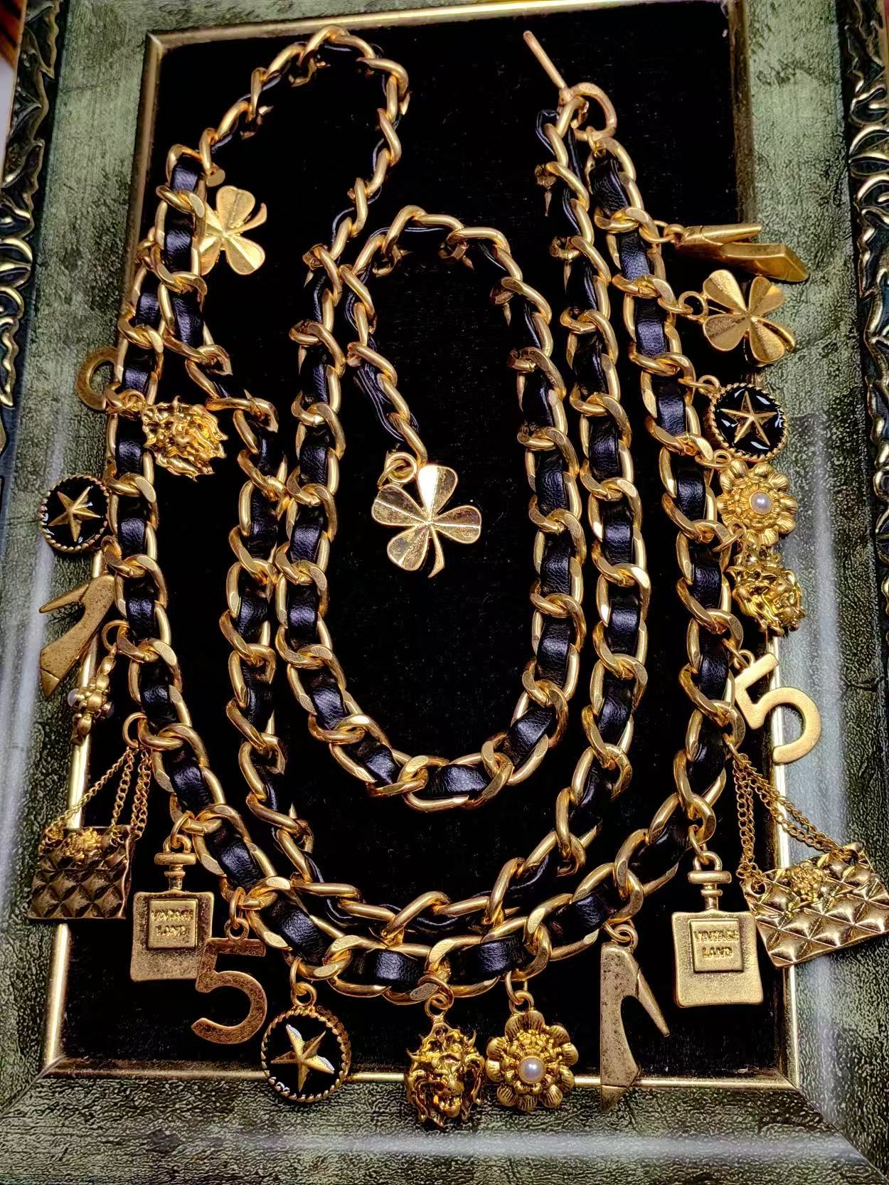 Parisian Chic Vintage Leather Charm Necklace Belt Bracelet Brooch