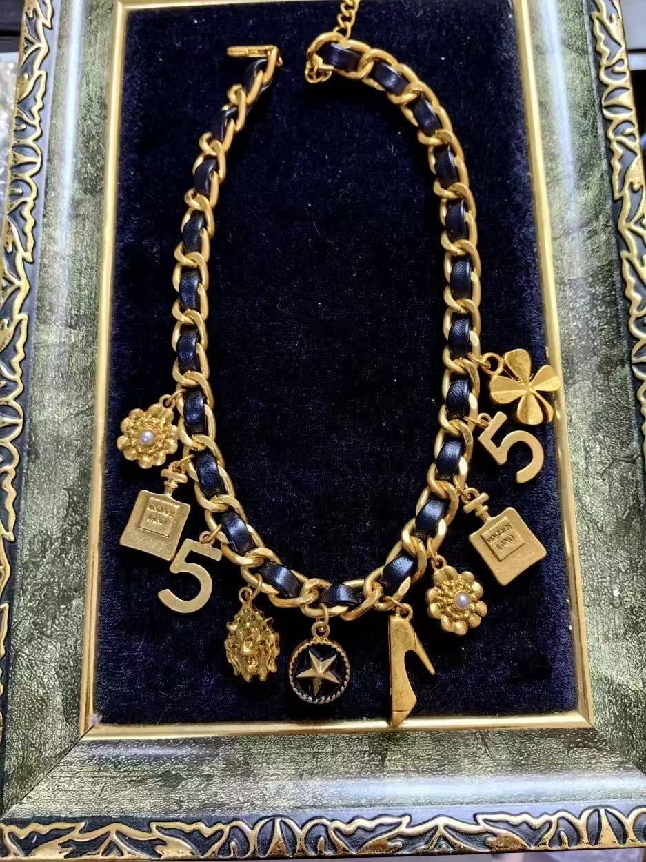 Parisian Chic Vintage Leather Charm Necklace Belt Bracelet Brooch