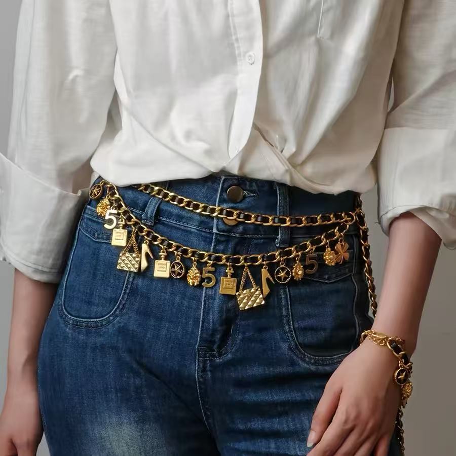 Parisian Chic Vintage Leather Charm Necklace Belt Bracelet Brooch