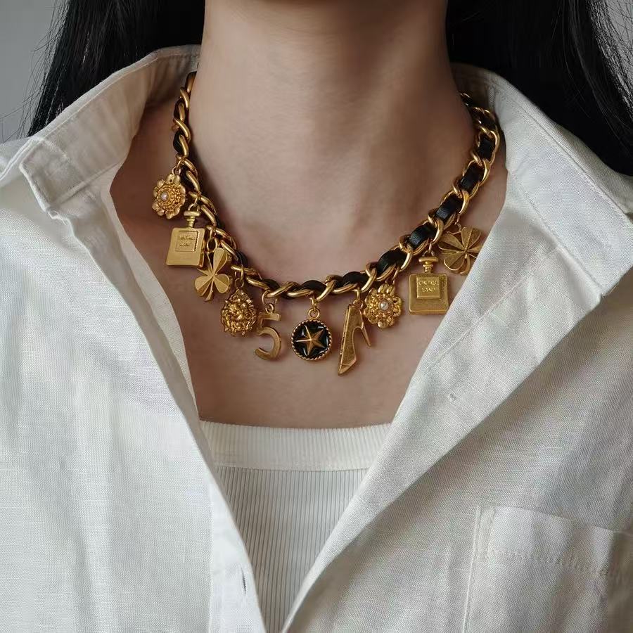 Parisian Chic Vintage Leather Charm Necklace Belt Bracelet Brooch