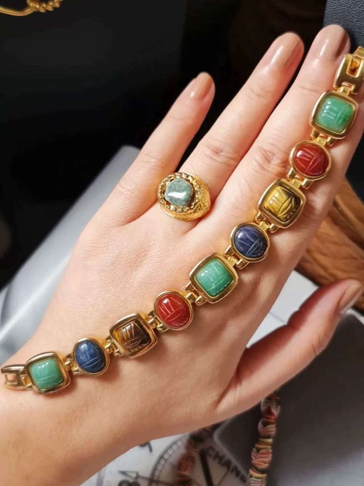 Antique Egyptian Multi-Color Natural Stone Vintage Bracelet