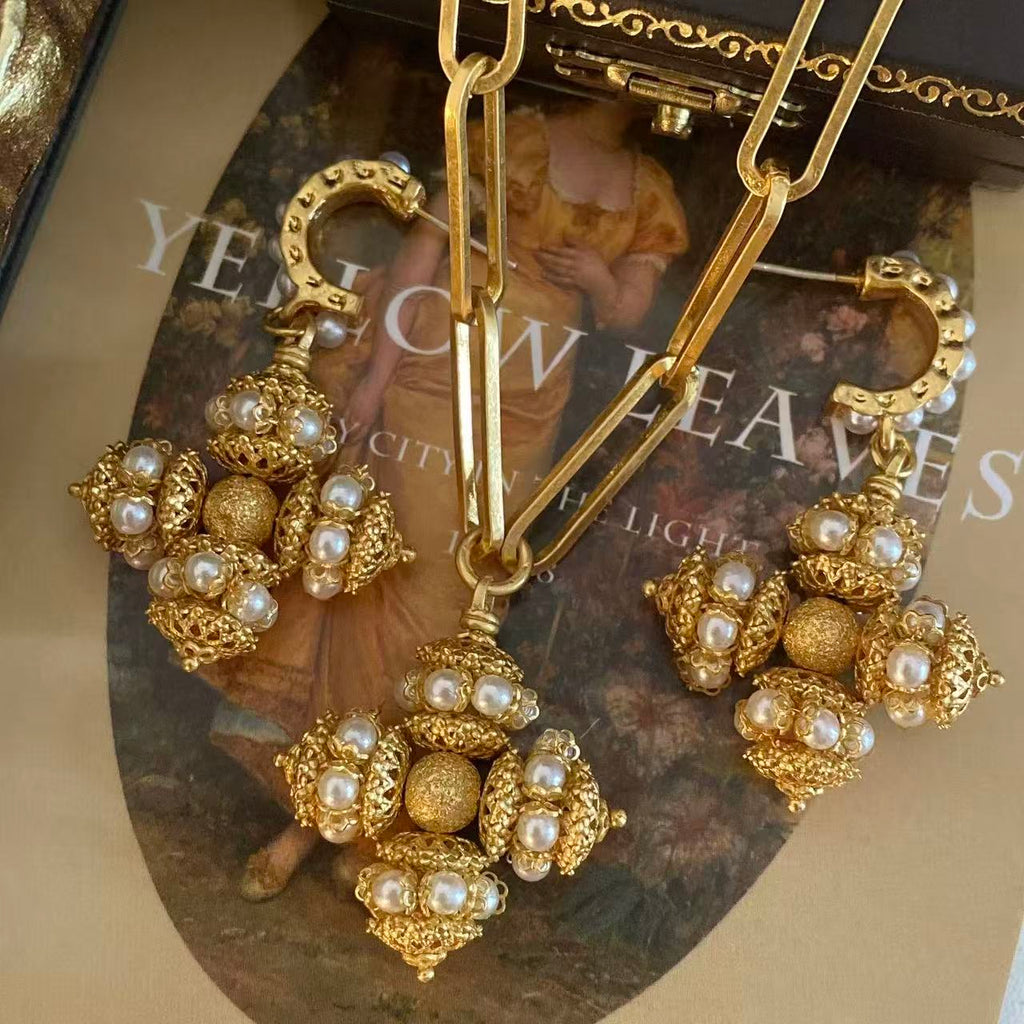 Renaissance Revival Filigree Pearl Orb Jewelry Set