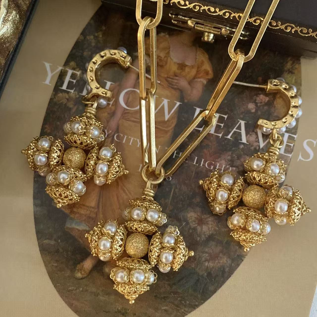 Renaissance Revival Filigree Pearl Orb Jewelry Set