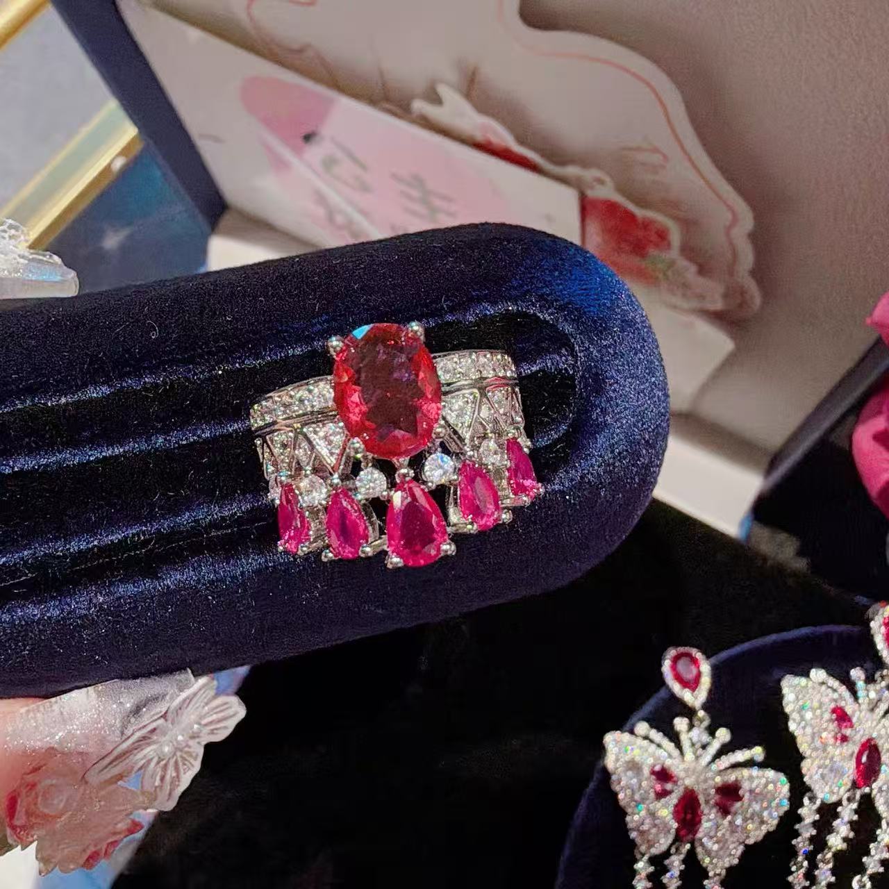 Modern Cushion Bezel Pink Jewelry Set Butterfly Cascade Drop Earrings