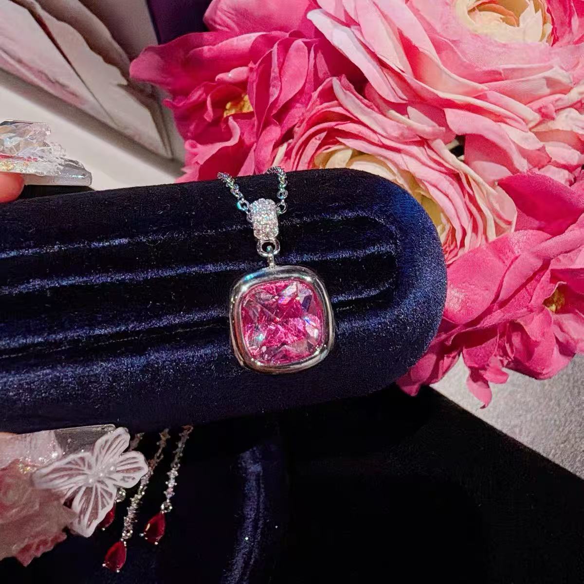 Modern Cushion Bezel Pink Jewelry Set Butterfly Cascade Drop Earrings
