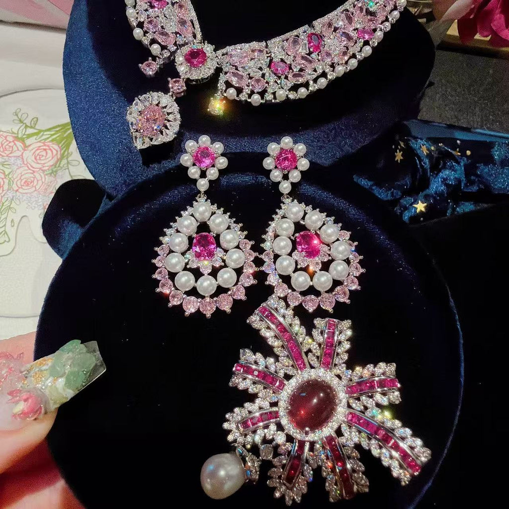 Rococo Pink Gemstone-Tone Pearl Statement Jewelry Set