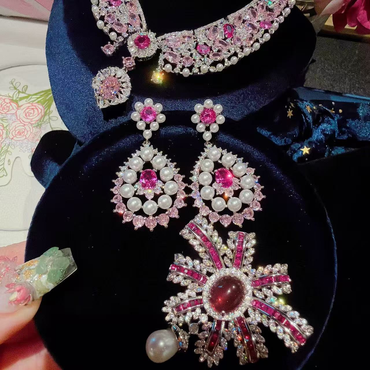 Rococo Pink Gemstone-Tone Pearl Statement Jewelry Set
