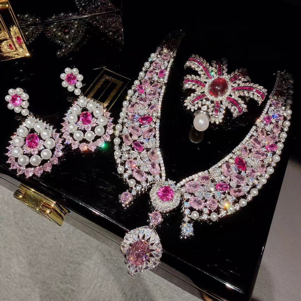 Rococo Pink Gemstone-Tone Pearl Statement Jewelry Set