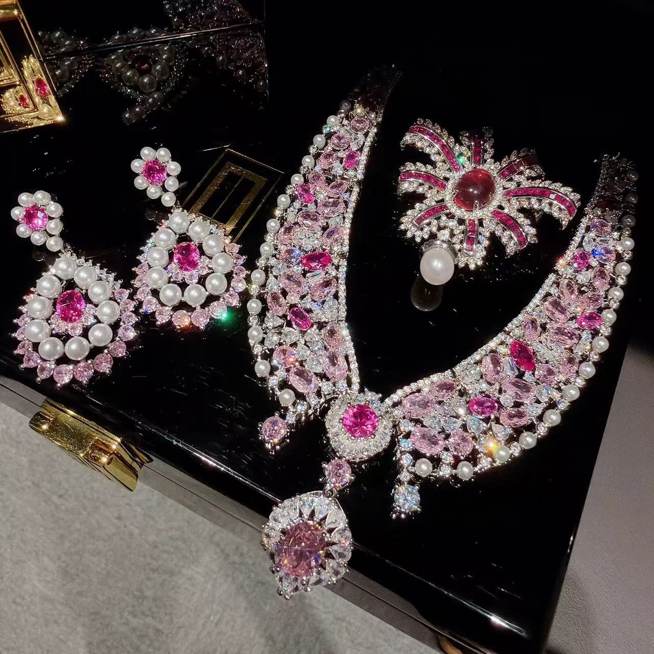 Rococo Pink Gemstone-Tone Pearl Statement Jewelry Set