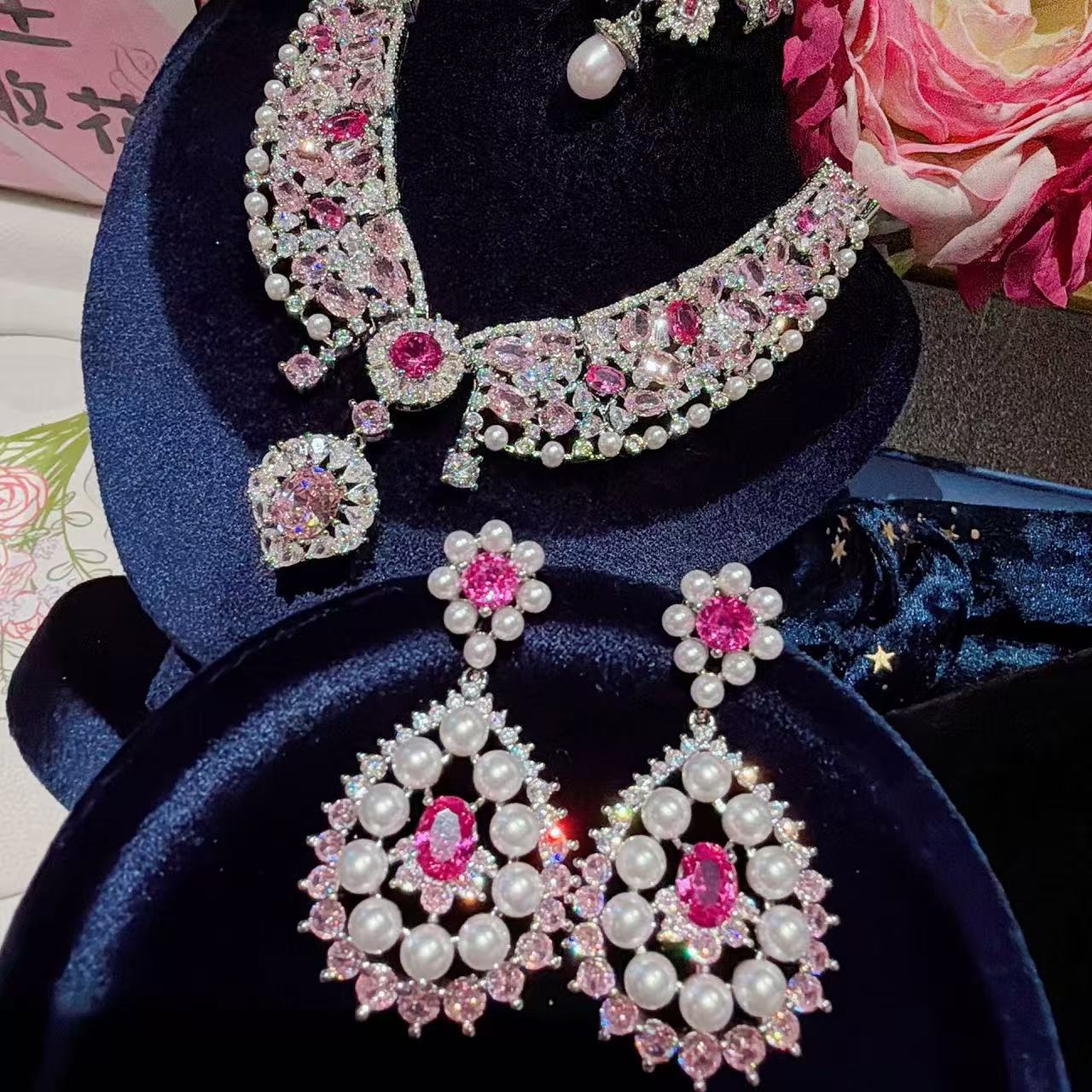 Rococo Pink Gemstone-Tone Pearl Statement Jewelry Set