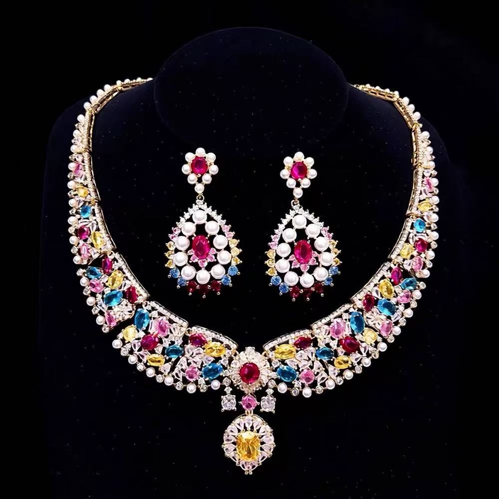 Vintage Tutti Frutti Gemstone-Tone Bib Statement Jewelry Set