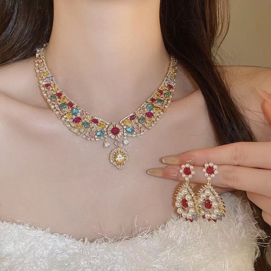 Rococo Pink Gemstone-Tone Pearl Statement Jewelry Set