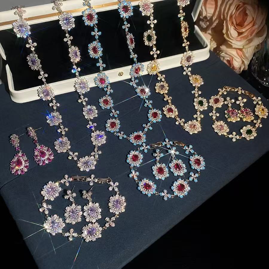 Gemstone-Tone Floral Cluster Bridal Evening Statement Jewelry Set