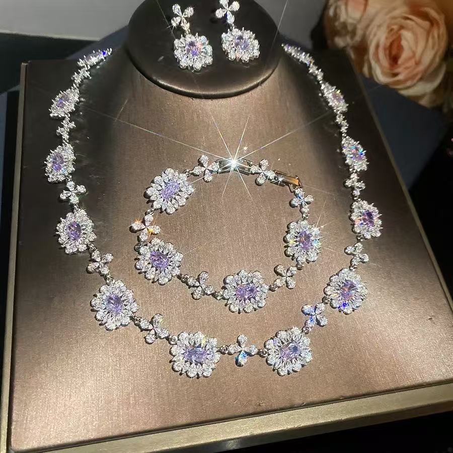 Gemstone-Tone Floral Cluster Bridal Evening Statement Jewelry Set