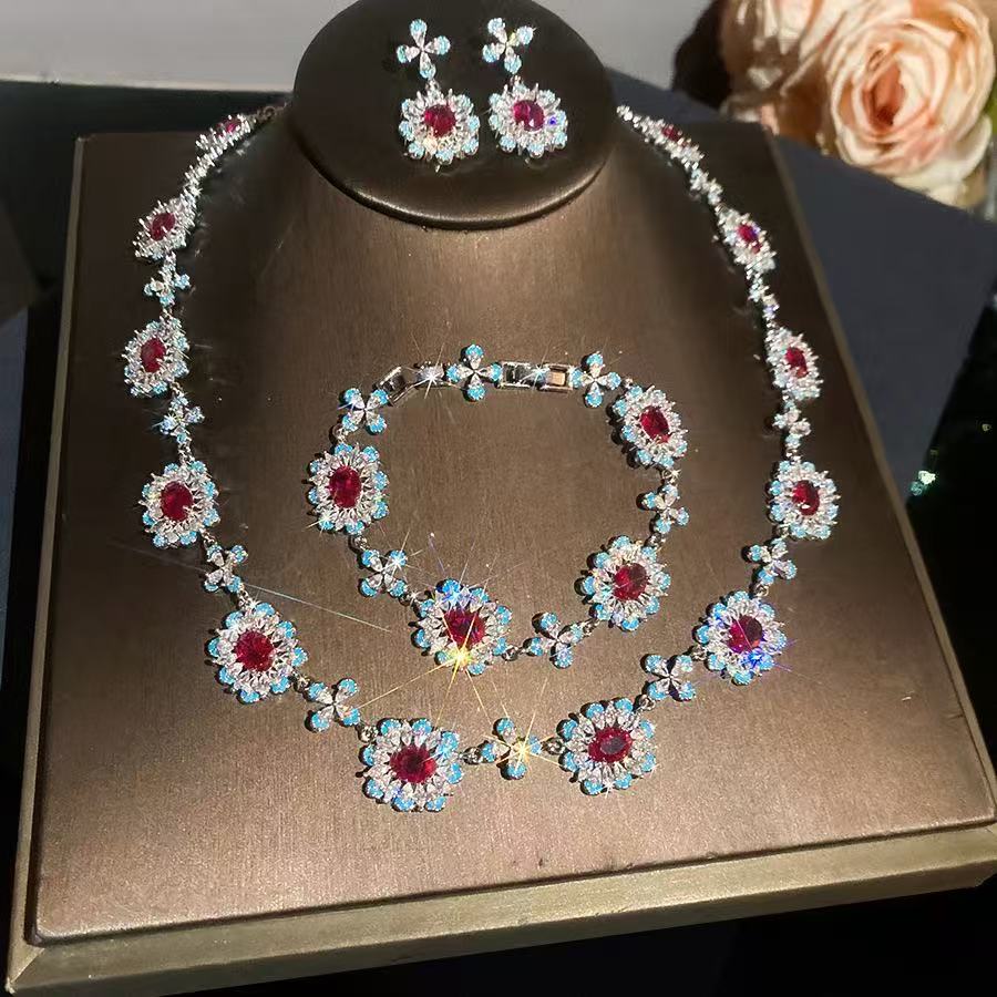 Gemstone-Tone Floral Cluster Bridal Evening Statement Jewelry Set