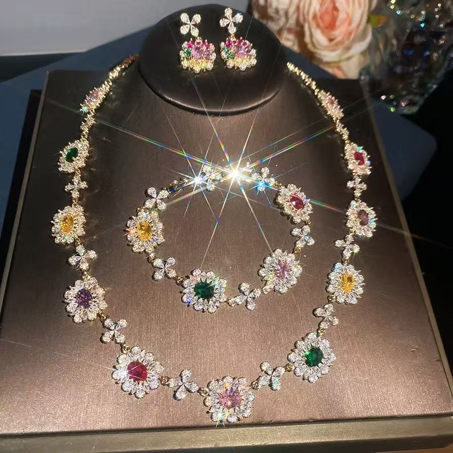 Gemstone-Tone Floral Cluster Bridal Evening Statement Jewelry Set