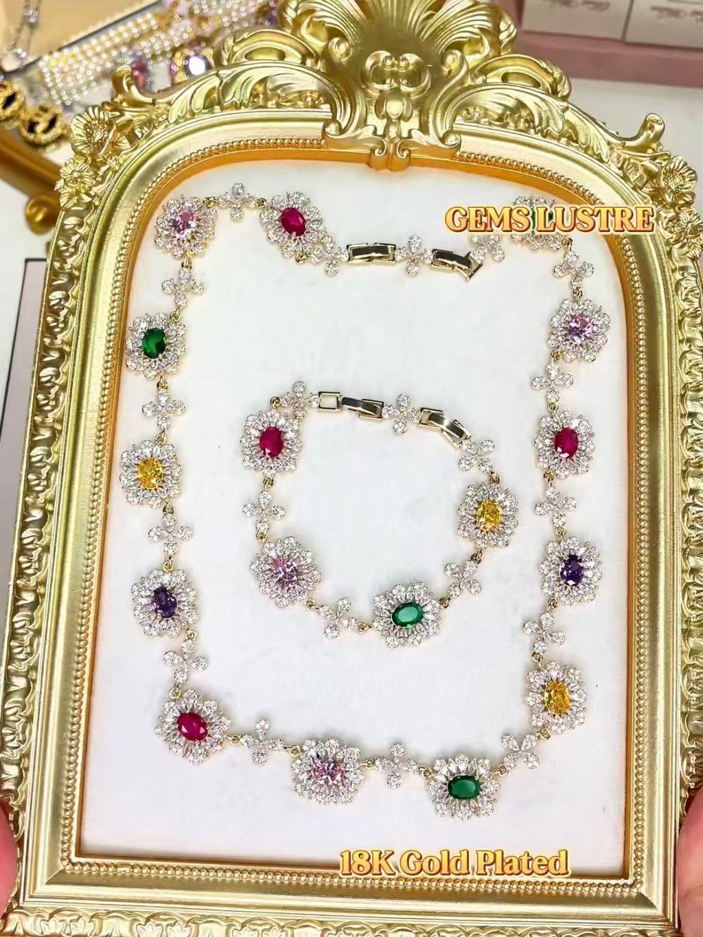 Gemstone-Tone Floral Cluster Bridal Evening Statement Jewelry Set