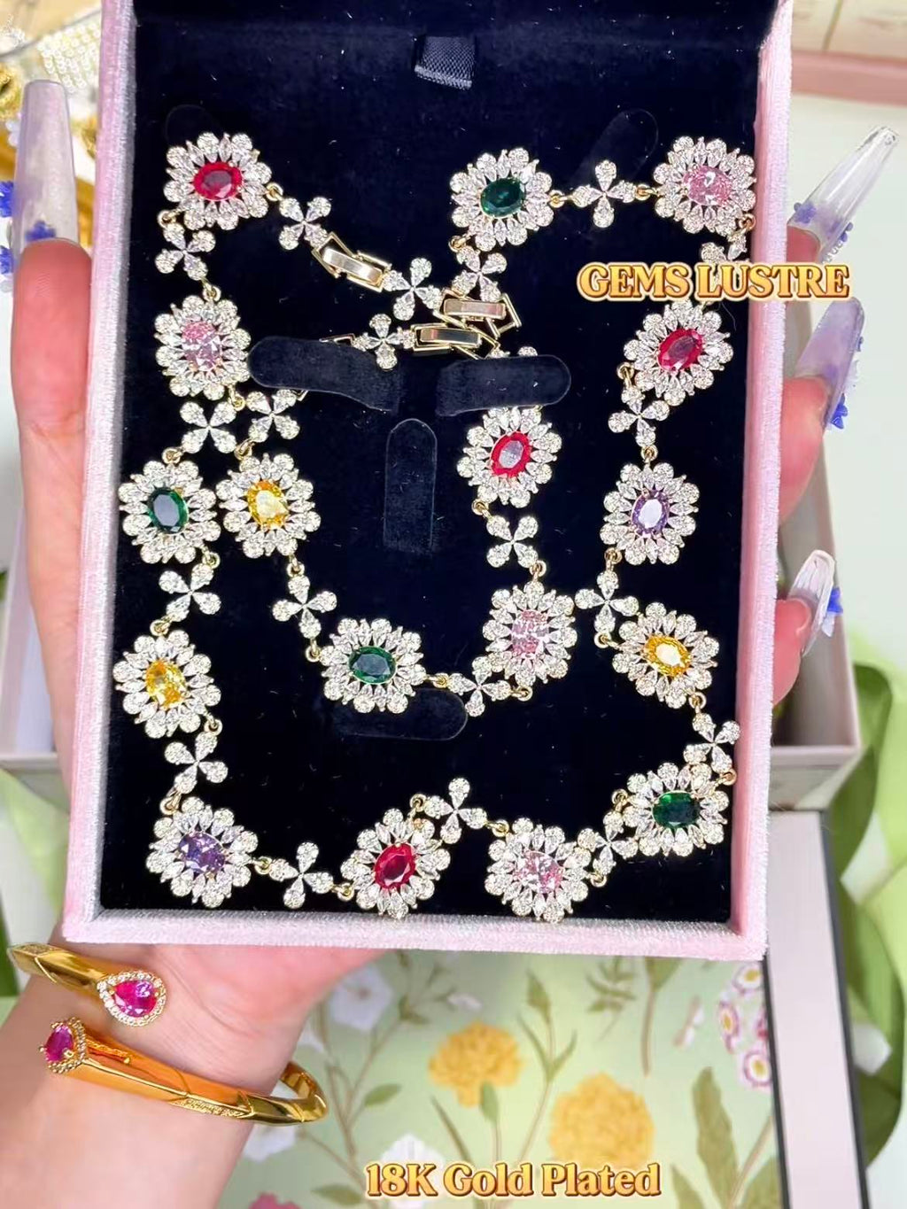 Gemstone-Tone Floral Cluster Bridal Evening Statement Jewelry Set
