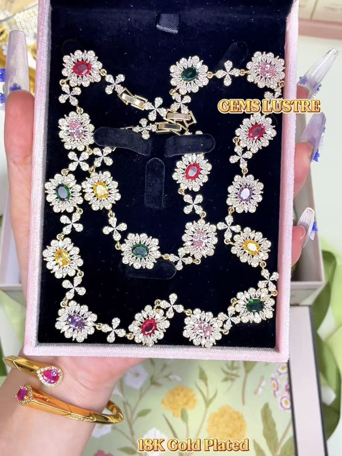 Gemstone-Tone Floral Cluster Bridal Evening Statement Jewelry Set