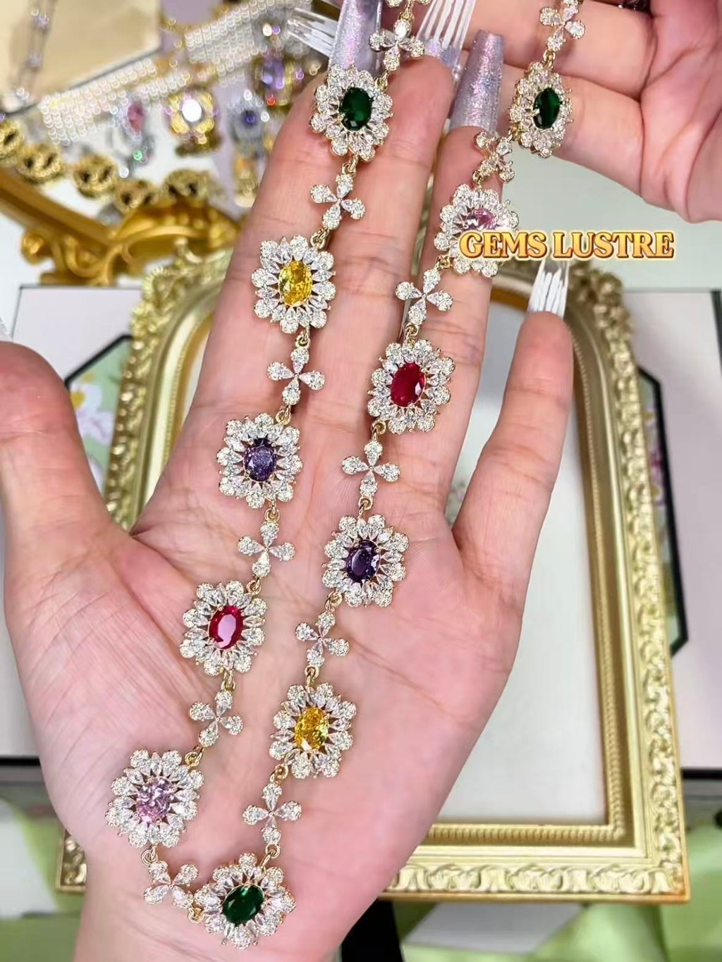 Gemstone-Tone Floral Cluster Bridal Evening Statement Jewelry Set