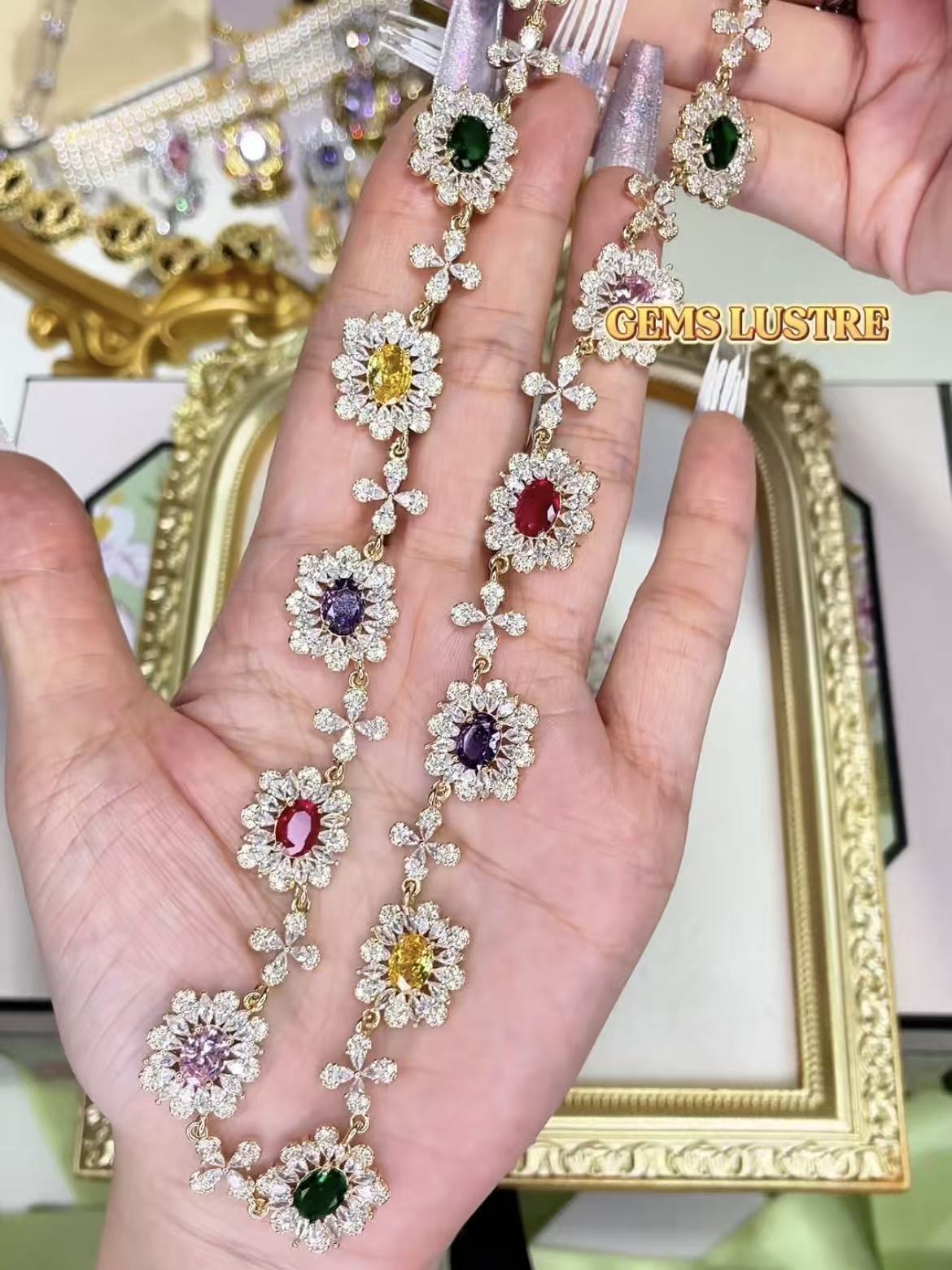 Gemstone-Tone Floral Cluster Bridal Evening Statement Jewelry Set