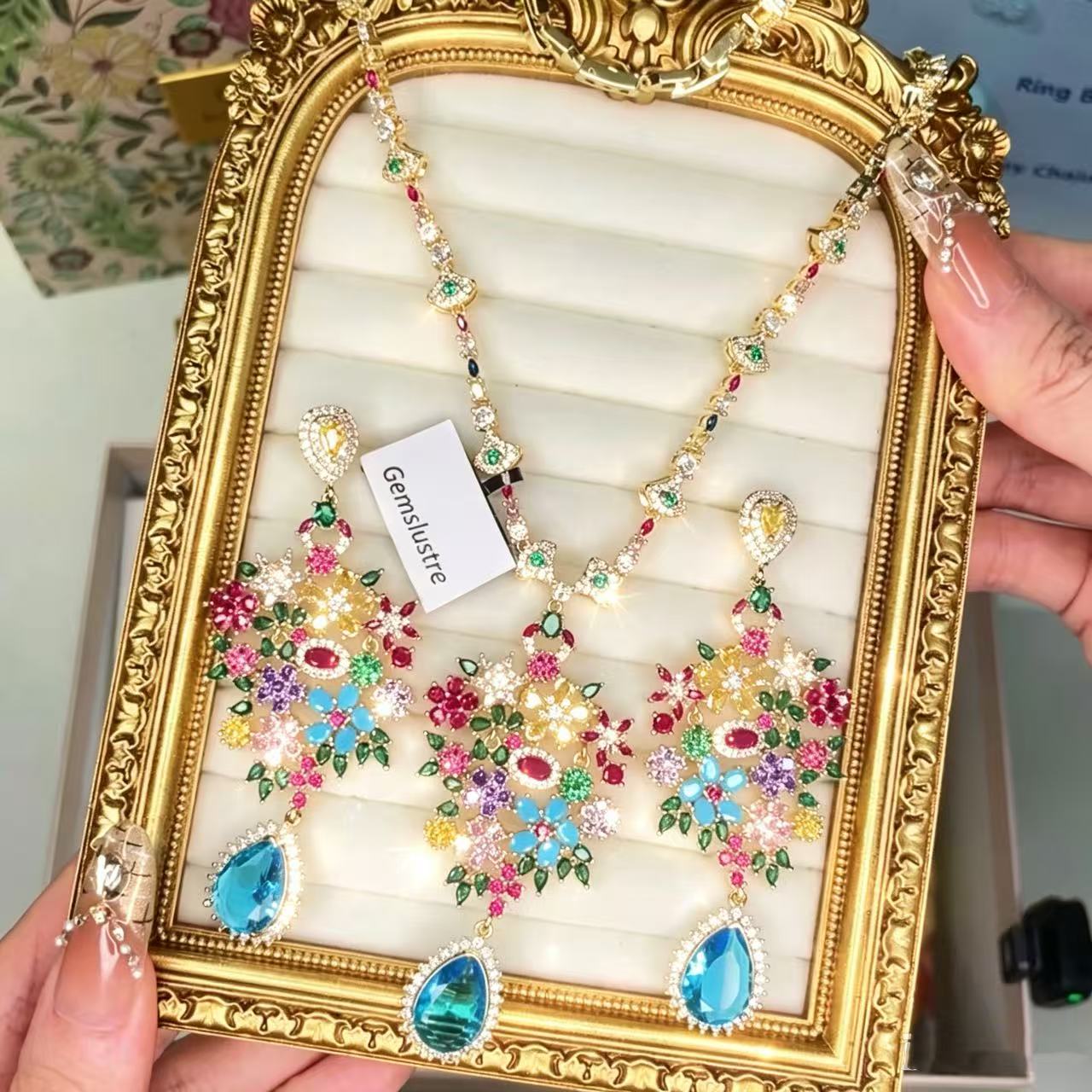 Vintage Estate Tutti Frutti Cobalt Blue Teardrop Evening Parure