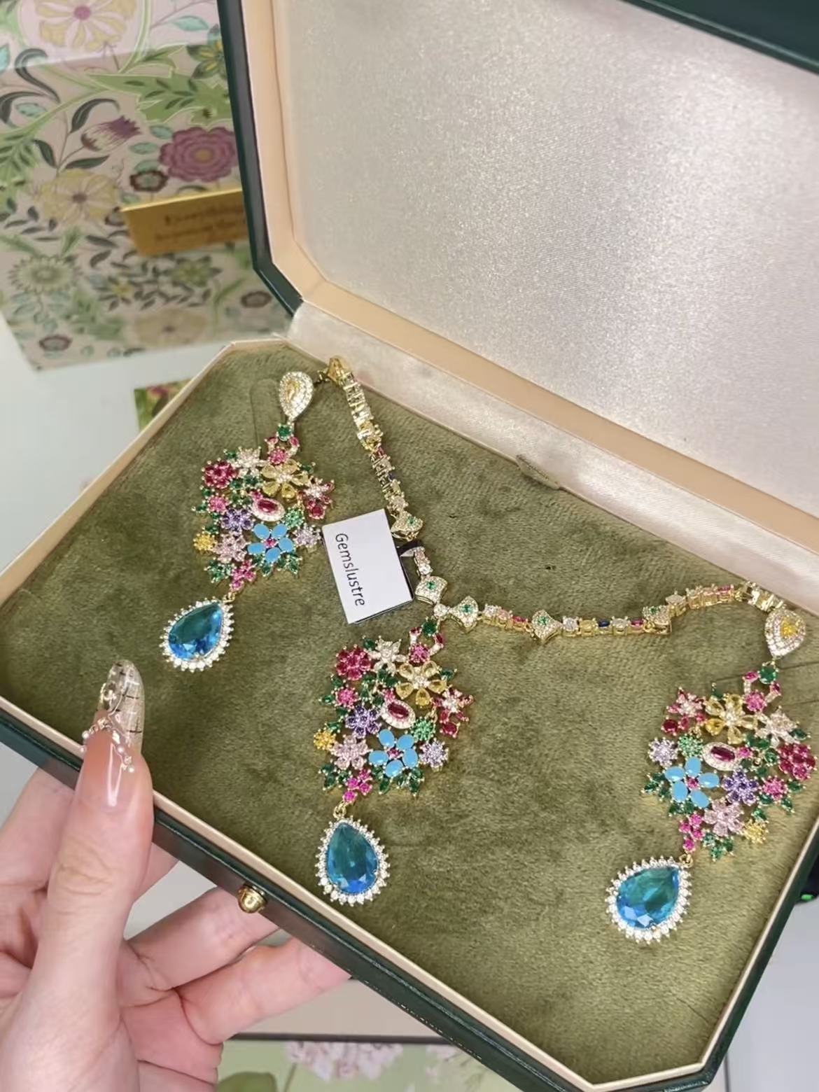 Vintage Estate Tutti Frutti Cobalt Blue Teardrop Evening Parure