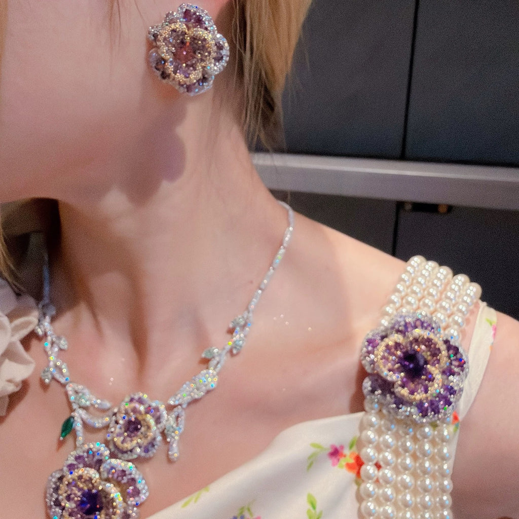 Royal Amethyst Floral Pearl Statement Jewelry Set