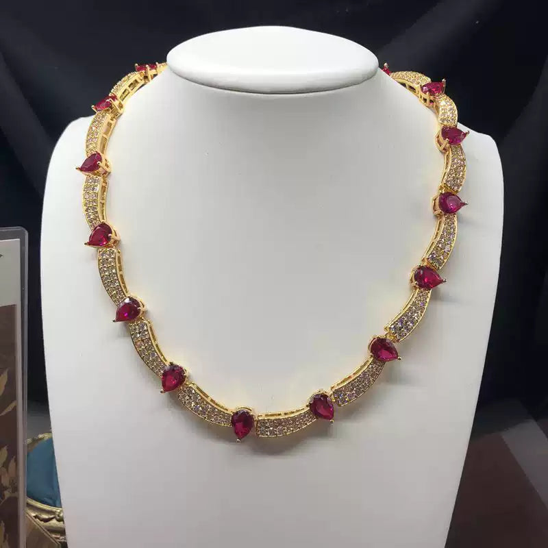 Mid-Century Ruby Red Curved Bar Collar Parure