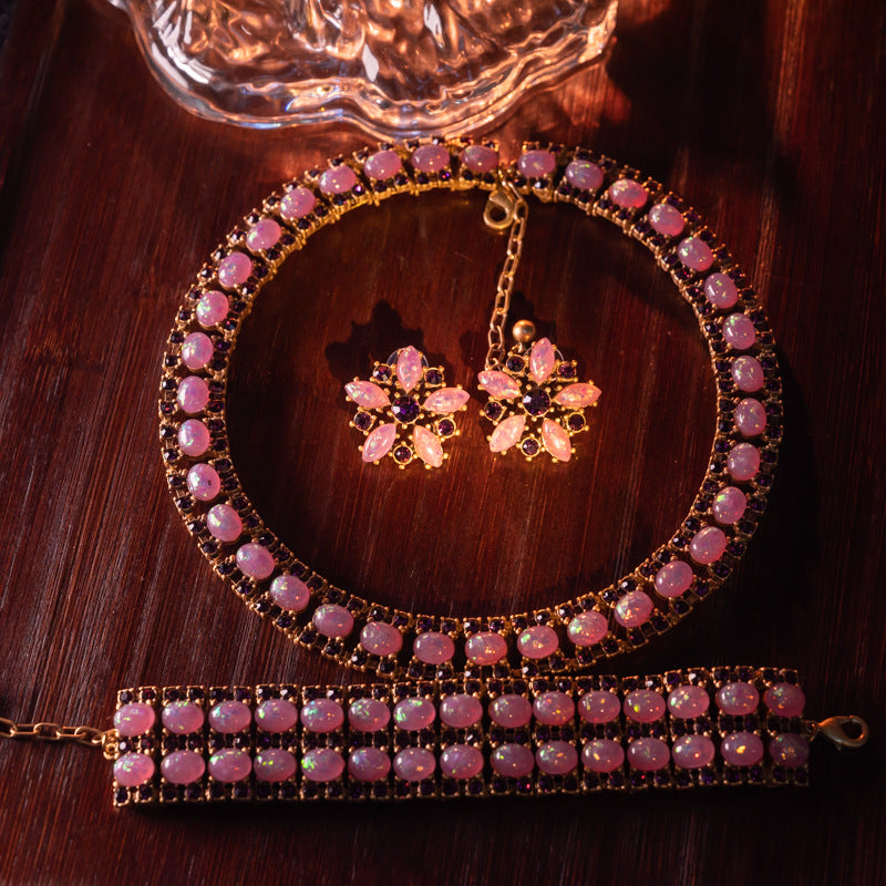 Vintage Handcrafted Pink Opaline Glass Necklace & Earrings Set