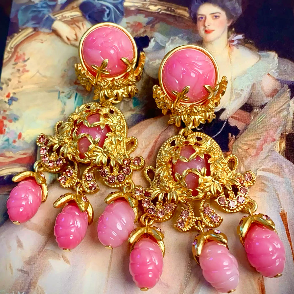Victorian Carved Pink Art Chandelier Jewelry Set