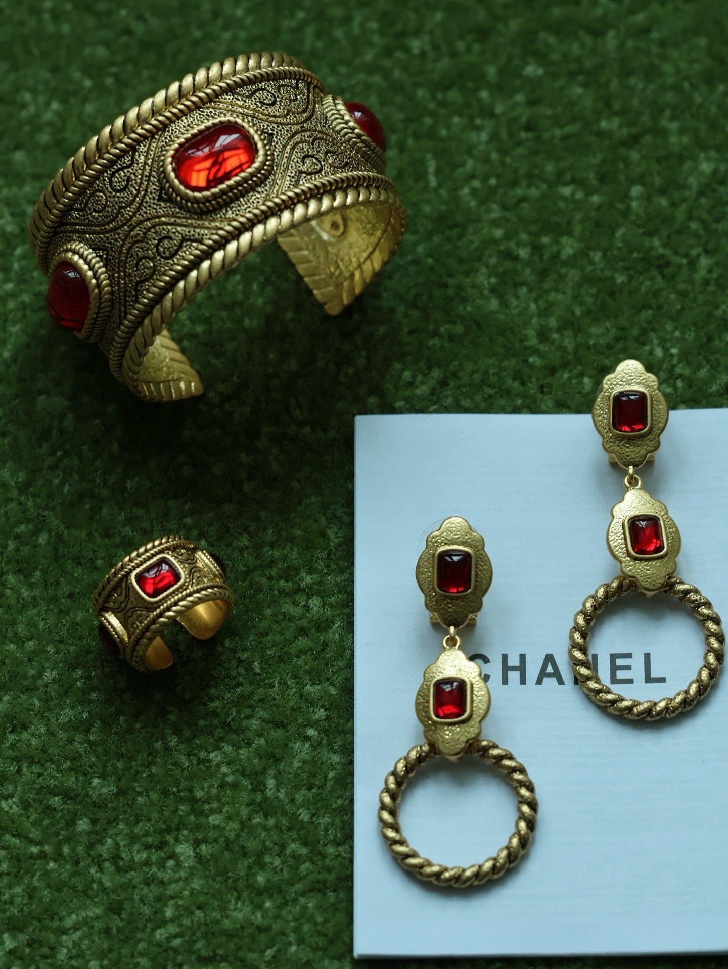 Vintage Engraved Bold Rope Twist Brass Bangle Earrings Ring