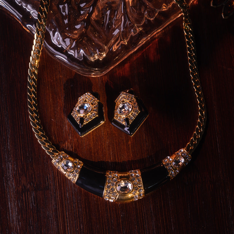 Midnight Noir 18K Gold Plated Art Deco Black Enamel Jewelry Suite