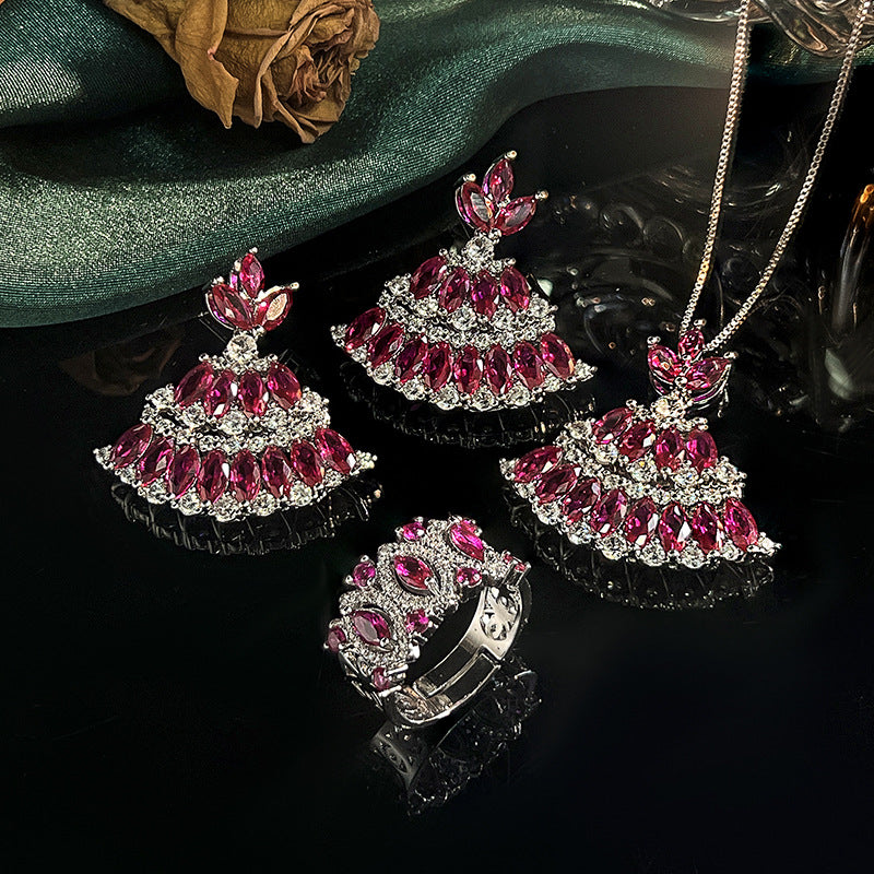 Ruby Red Deco Fan Set | Marquise Skirt 5A CZ Jewelry Set