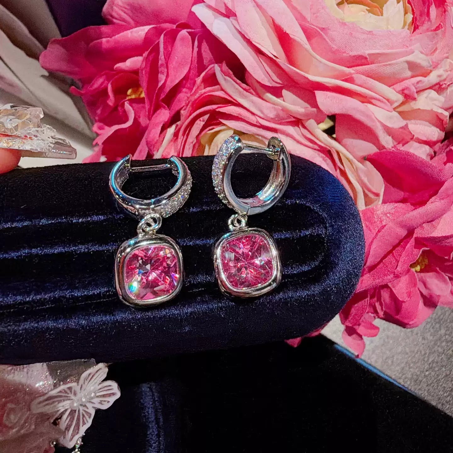 Modern Cushion Bezel Pink Jewelry Set Butterfly Cascade Drop Earrings