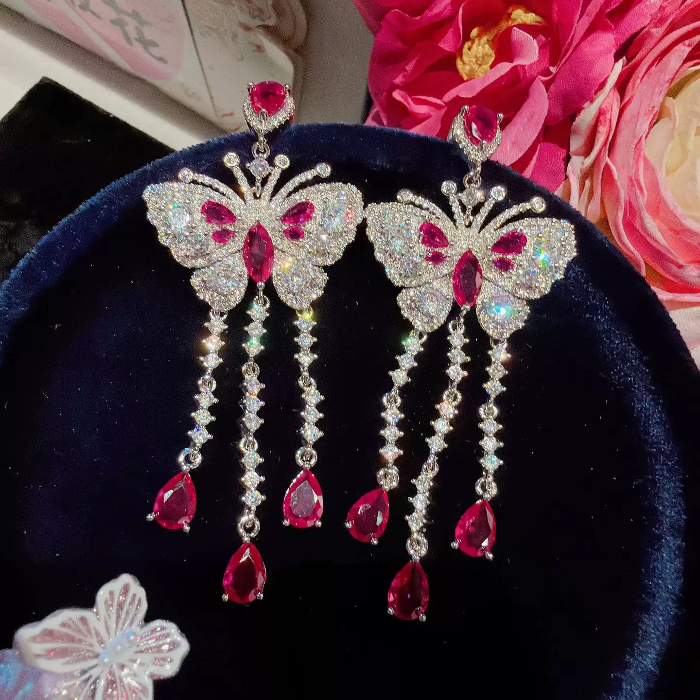 Modern Cushion Bezel Pink Jewelry Set Butterfly Cascade Drop Earrings