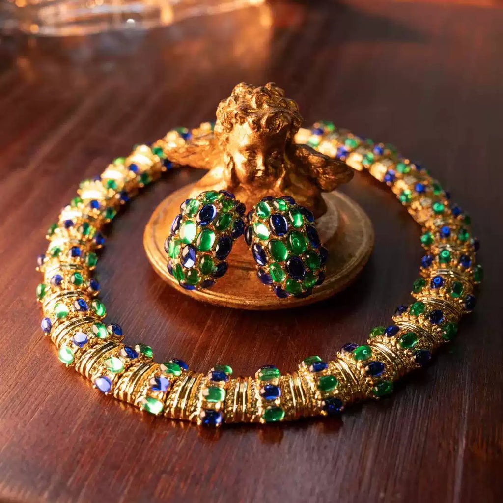 1980s Statement Jewel-Tone Tubogas Choker & Earring Parure