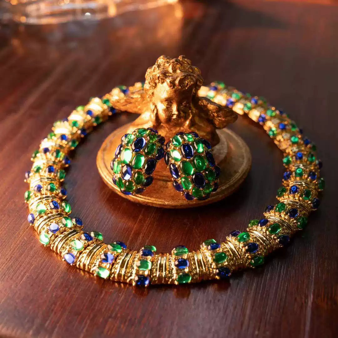 1980s Statement Jewel-Tone Tubogas Choker & Earring Parure
