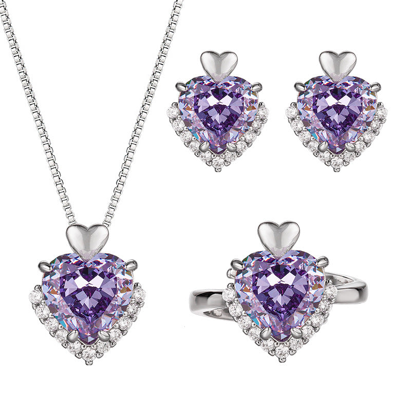 Lilac Purple Heart Jewelry Set| Heart-Cut 5A CZ Halo Design